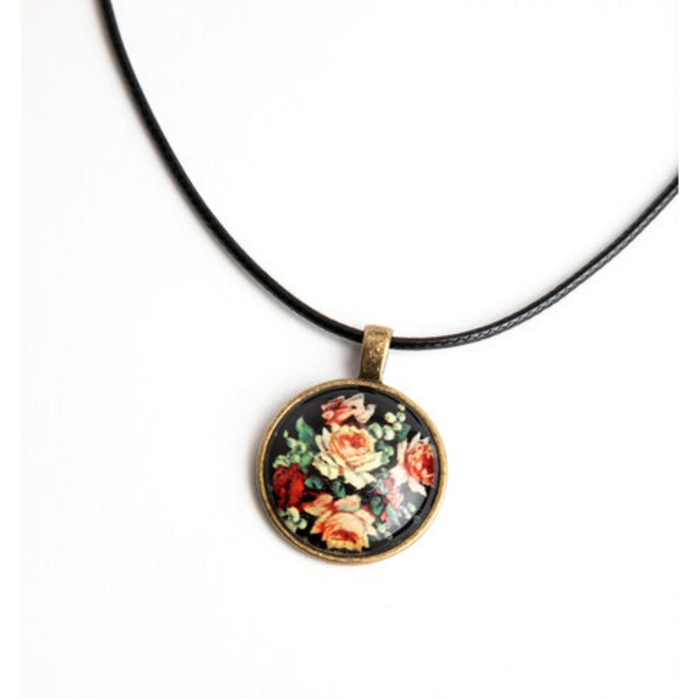 2 for $20  FLORAL RESIN PENDANT, Vintage style with Black Cord Choker Necklac